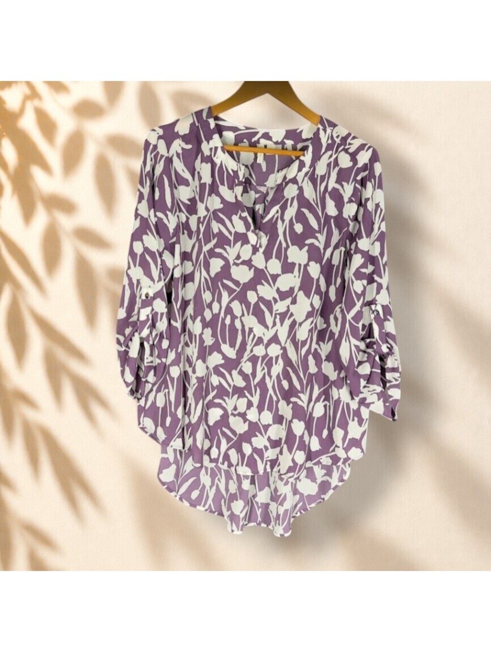 Cato Blouse Women L Large Purple Floral V-Neck 3/4 Sleeve Pullover Casual